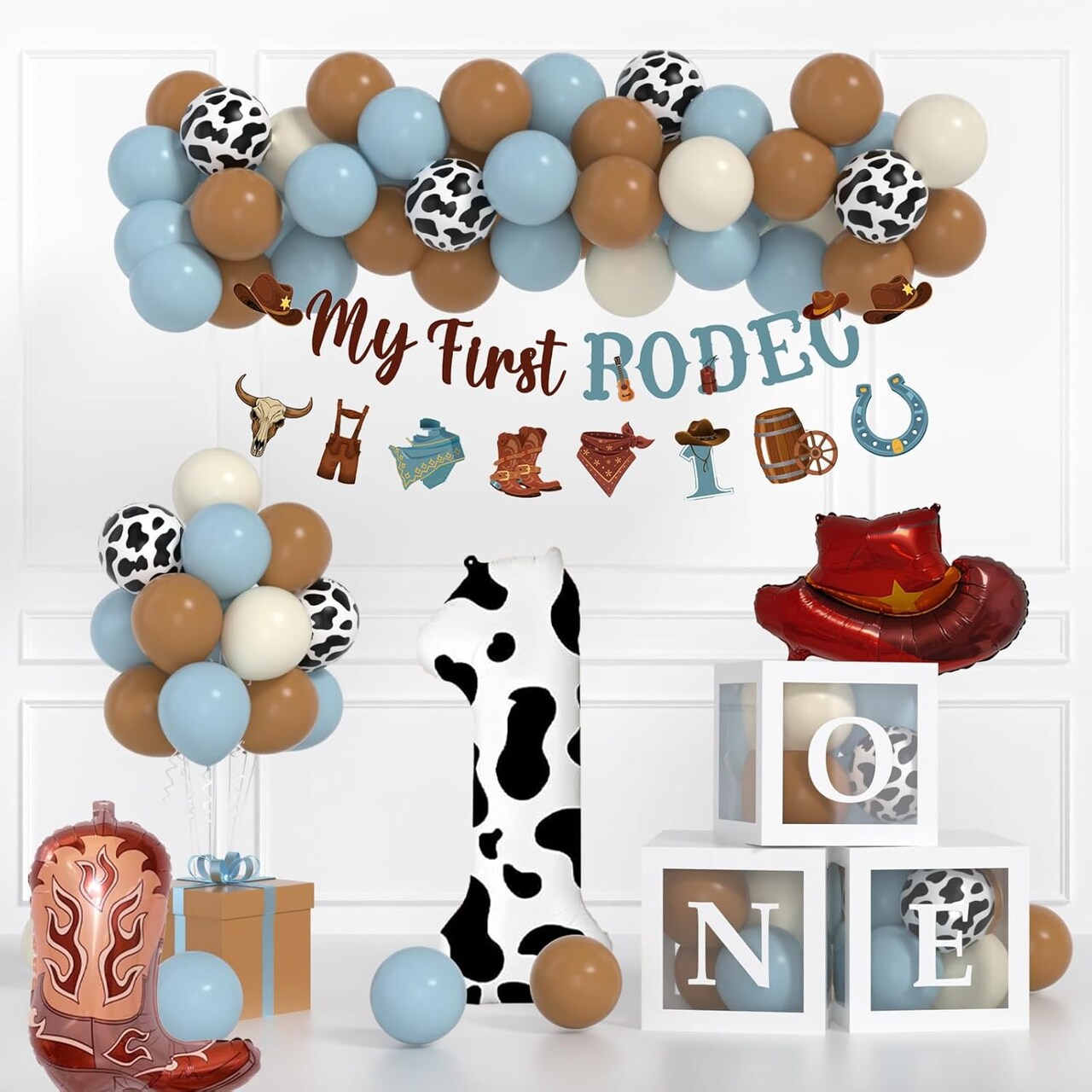 Cowboy 1st Birthday Decorations for Boys – Blue & Brown Sand Balloons, ‘My First Rodeo’ Banner, 40-Inch Number 1 Balloon, Hat & Boot Foil Balloons, Rodeo Party Decor Set